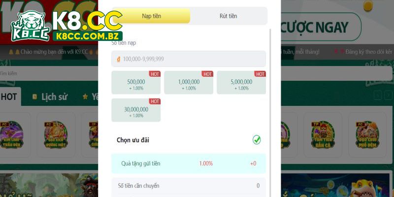 Hướng dẫn nạp tiền vào tài khoản K8cc từ A đến Z